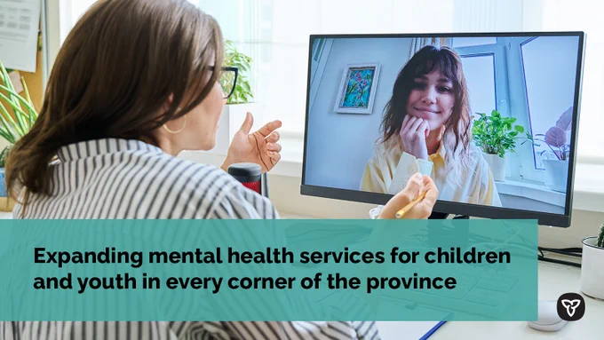 Teen meeting virtually with a counsellor. Image Text: “Expanding mental health services for children and youth in every corner of the province.”