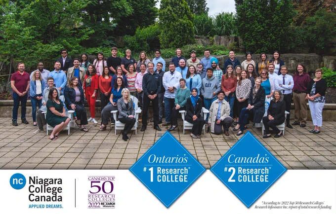 R&I team photo in an outside courtyard. The division was named Ontario's number one research college and Canada's number two research college based on 2022 report from Research InfoSource