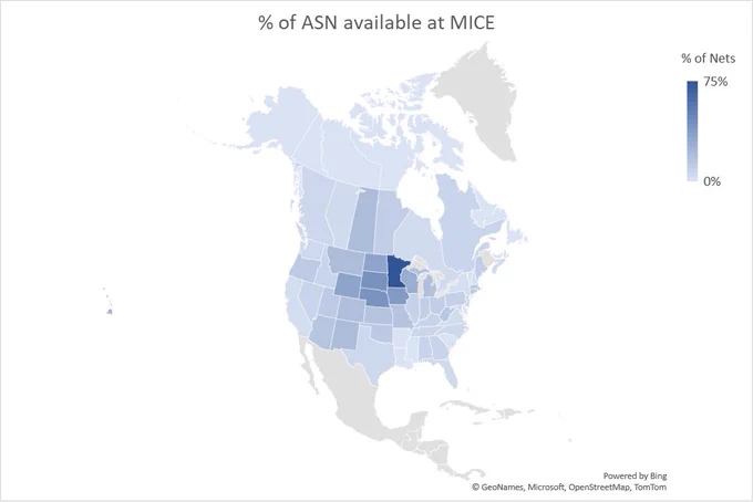 Map showing % of networks connected to mice 2023-01-25. Data source peeringdb.com