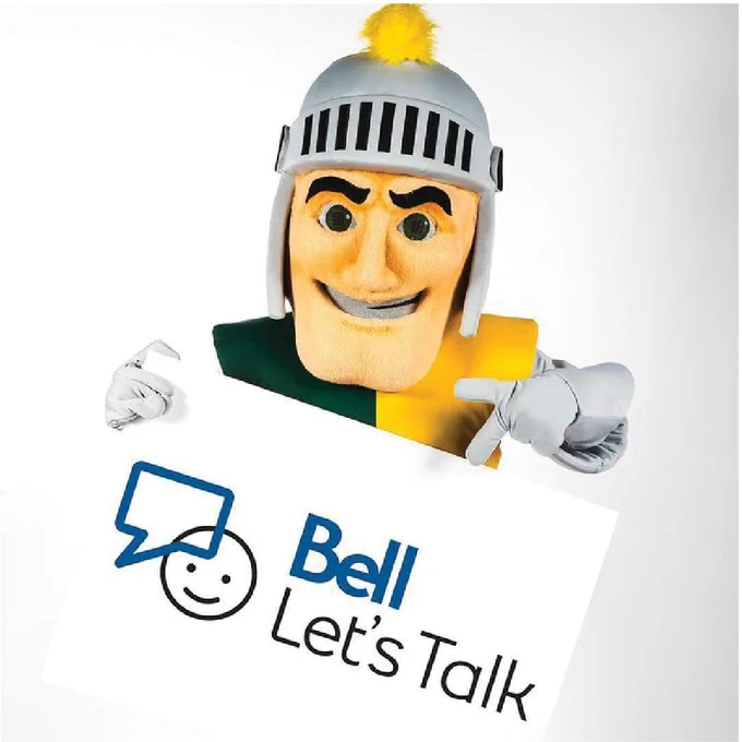 DC's mascot, Lord Durham, holds up a sign that reads "Bell Let's Talk".