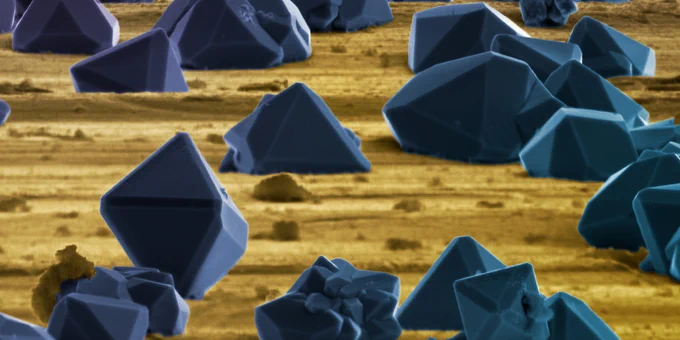 Titanium 'Boulder Field', Paul Gunning - Electrochemically produced micro-crystals of titanium deposited on a machined titanium alloy surface give the appearance of a boulder field. Visualising surface treatments and micro-structure can help understand bulk properties such as the corrosion resistance or bio-compatibility of such materials as used for medical device applications. 5kV, stage tilted, field-width 15.5Ã¦m.