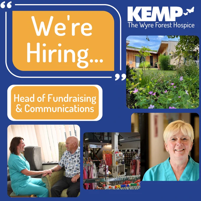blue background with text and a group of photos including a nurse sat comforting a patient in a chair, a charity shop, a nurse smiling at the camera and the outside of kemp hospice in the gardens