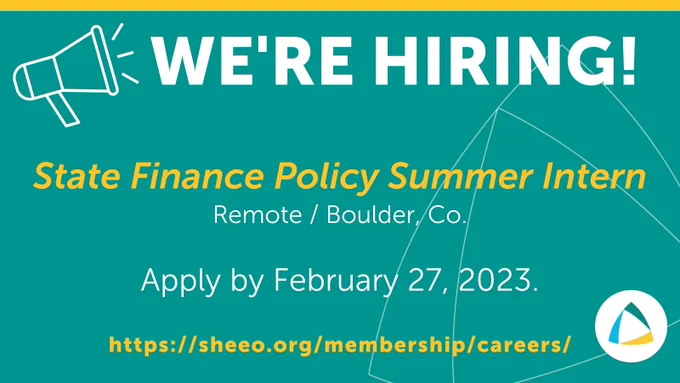 Megaphone saying "We're Hiring" for state finance policy intern. Apply by Feb. 27, 2023. sheeo.org/membership/careers