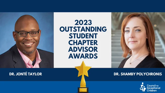 Blue background with an image of Dr. Shamby Polychronis on the right, smiling, and Dr. Jonté "JT" Taylor on the left, smiling. They are separated by a white box with blue text "2023 Outstanding Student Chapter Advisor Awards" and a design of a yellow and black trophy. CEC logo in white in the bottom right corner.