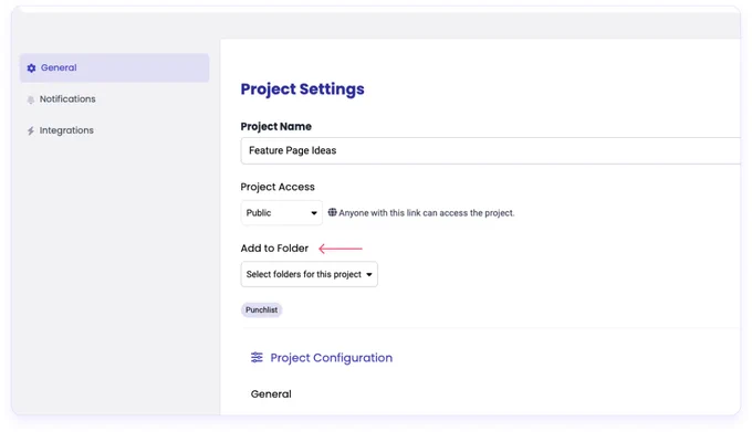 A screenshot of a project's General Settings page. In the Project Settings section, under Project Name and Project Access, there is a new Add to Folder Header with an arrow pointing to it, illustrating that users can now add a project to a folder from the settings page. 