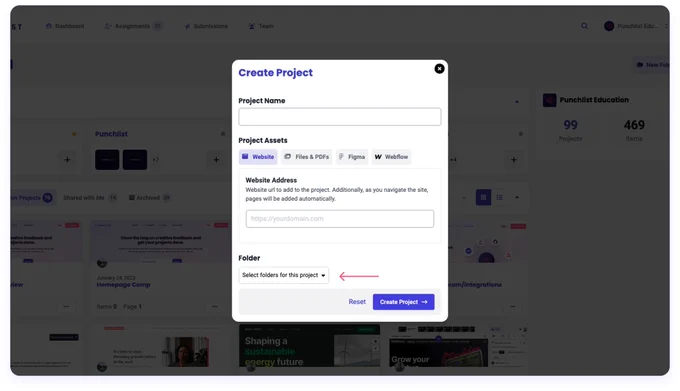 A modal with the title Create Project and the fields Project Name, Project Assets, and Folder. All fields are blank. There is a pink arrow pointing to the Folder dropdown showing that you can select a folder before clicking Create Project.