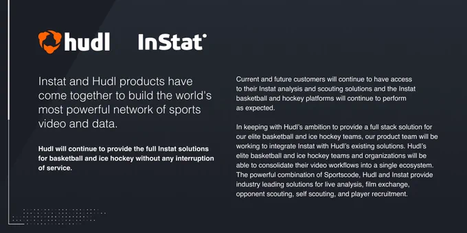 Instat and Hudl products have come together to build the world's most powerful network of sports video and data. 

Hudl will continue to provide the full Instat solutions for basketball and ice hockey without any interruption of service. 

Current and future customers will continue to have access to their Instat analysis and scouting solutions and the Instat basketball and hockey platforms will continue to perform as expected.

In keeping with Hudl’s ambition to provide a full stack solution for our elite basketball and ice hockey teams, our product team will be working to integrate Instat with Hudl’s existing solutions. Hudl’s elite basketball and ice hockey teams and organizations will be able to consolidate their video workflows into a single ecosystem. The powerful combination of Sportscode, Hudl and Instat provide industry leading solutions for live analysis, film exchange, opponent scouting, self scouting, and player recruitment.
