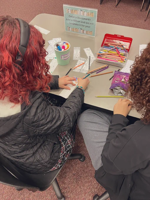 Students coloring bookmarks