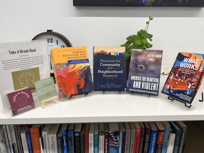 Faculty books on display in the Harris Library
