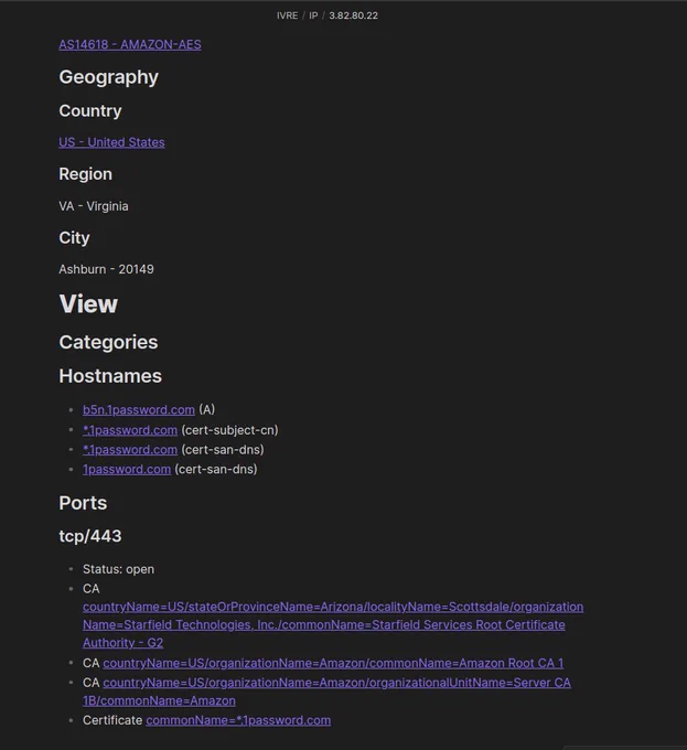 Obsidian note generated by the IVRE plugin for an IP address used by the domain 1password.com