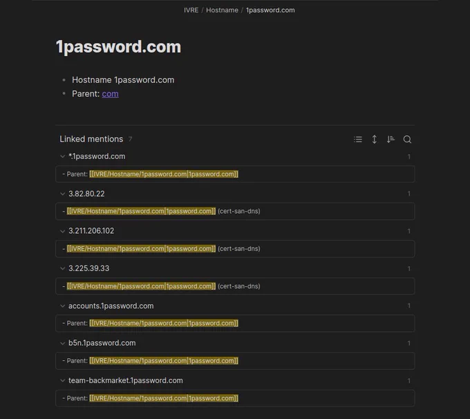 Obsidian note generated by the IVRE plugin for the domain 1password.com