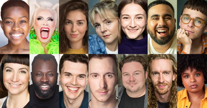 A mosaic photo displaying 14 headshots for the show 