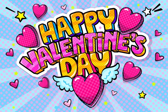 Comic book style bubble words reading happy valentine's day, with love hearts and stars around them