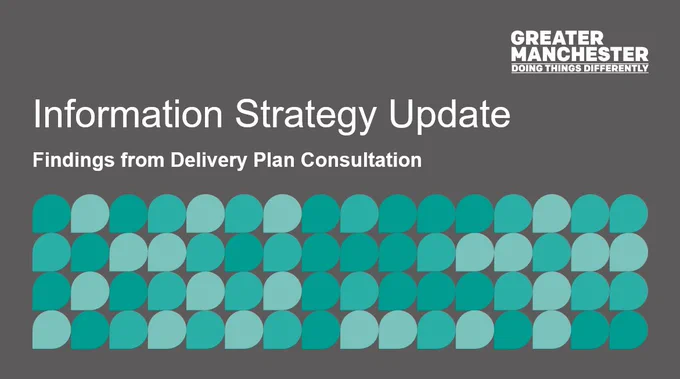 Four rows of green pip shapes. Information Strategy Update. Findings from Delivery Plan Consultation
