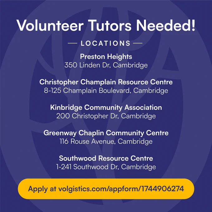 List of locations in Cambridge, Ontario where Volunteer Tutors are needed. 