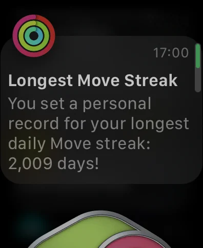 screen shot of apple watch showing the correct 2009 day move streak