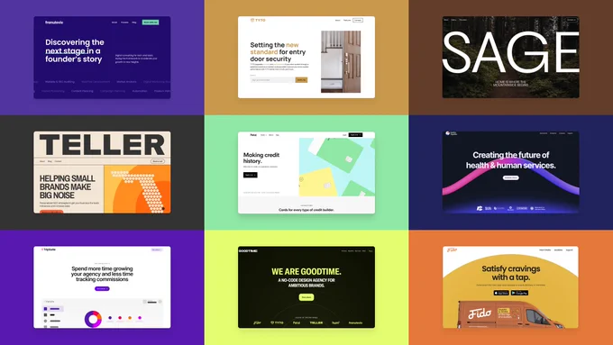 A 3x3 grid of websites in a variety of colors.