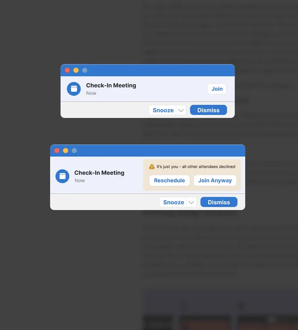 UX mockup of an Outlook desktop notification that tells you nobody else is coming to your meeting.