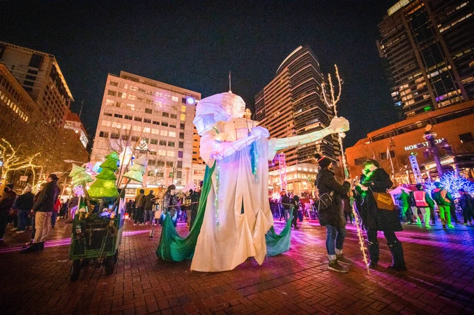 Lady Portlandia by RAWR during the lantern procession at the 2022 Portland Winter Light Festival. Photo © 2022 Dylan Evanston