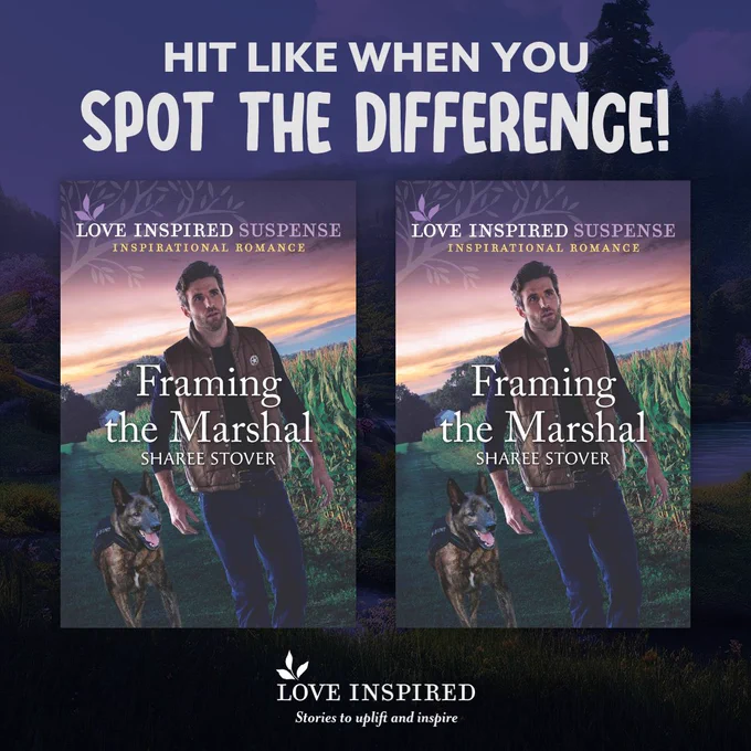 Framing the Marshal by Sharee Stover features a man in a vest with a marshal's pin beside a K-9 dog. In the cover on the right, the pin is removed.