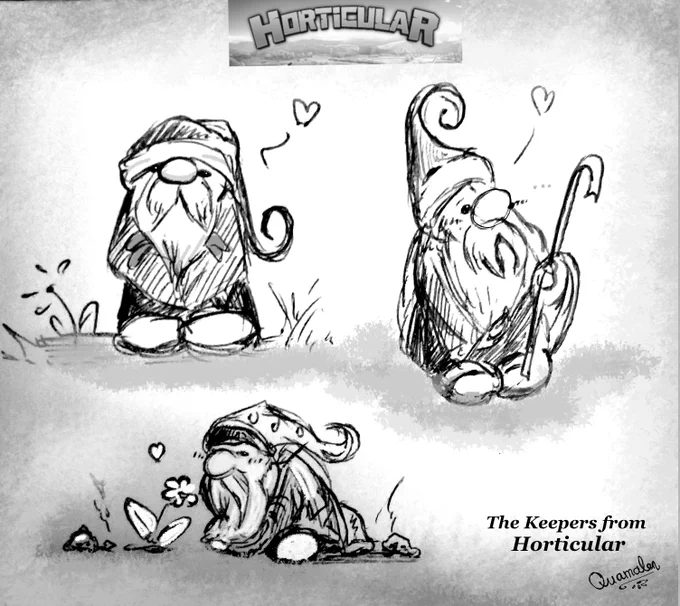 Fan art depicting three gnomes in various poses in black and white.