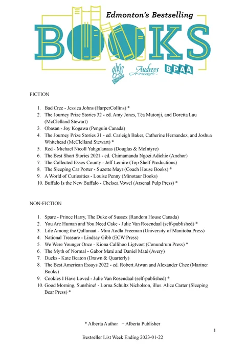 Edmonton Bestseller List for the week ending January 22, 2023. A PDF of the list can be found on our website through the following URL: http://bookpublishers.ab.ca/programs/edmonton-bestseller-list/