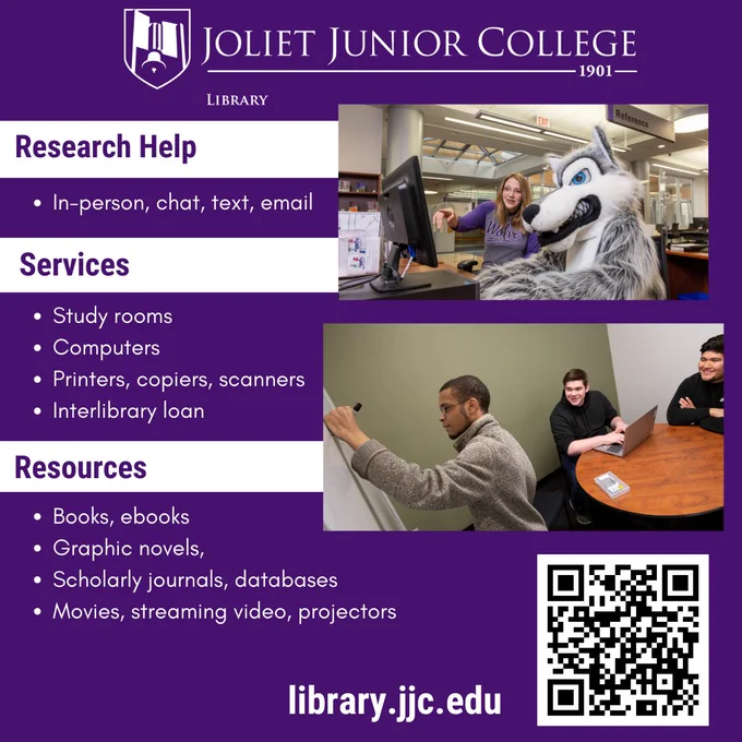 Image that lists resources and services offered by the JJC Library.