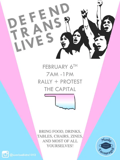 Defend trans lives February 6th 7am- 1 pm rally   protest the capital. Bring food, drinks tables, chairs, zines, and most of all yourselves! masks encouraged. @sunrisedistro1312