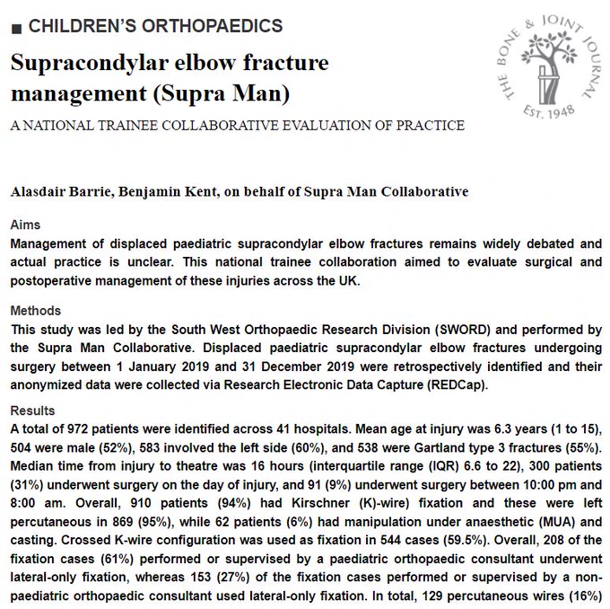 Abstract text for article titled 'Supracondylar elbow fracture management (Supra Man)'.