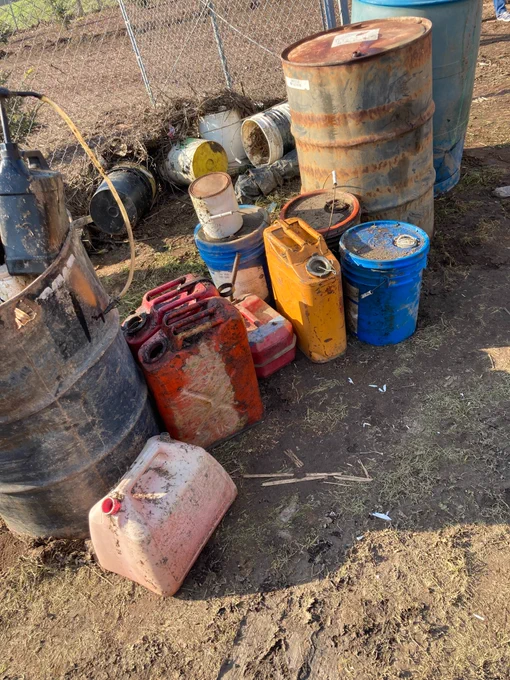 Image of emptied 55-gallon barrels and other miscellaneous containers of hazardous waste DTSC hazmat crews mitigated on a parcel of land in Merced County this week. 