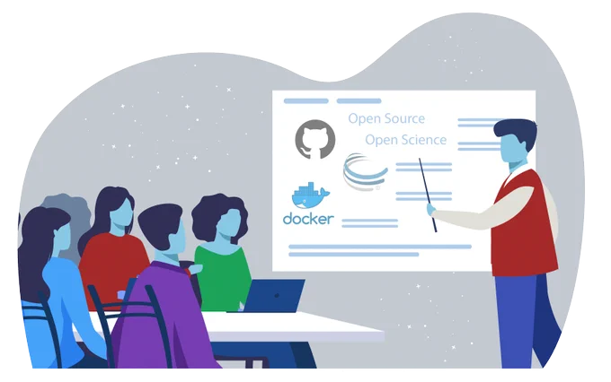 comic graphic of a teacher in front of a whiteboard teaching open science
