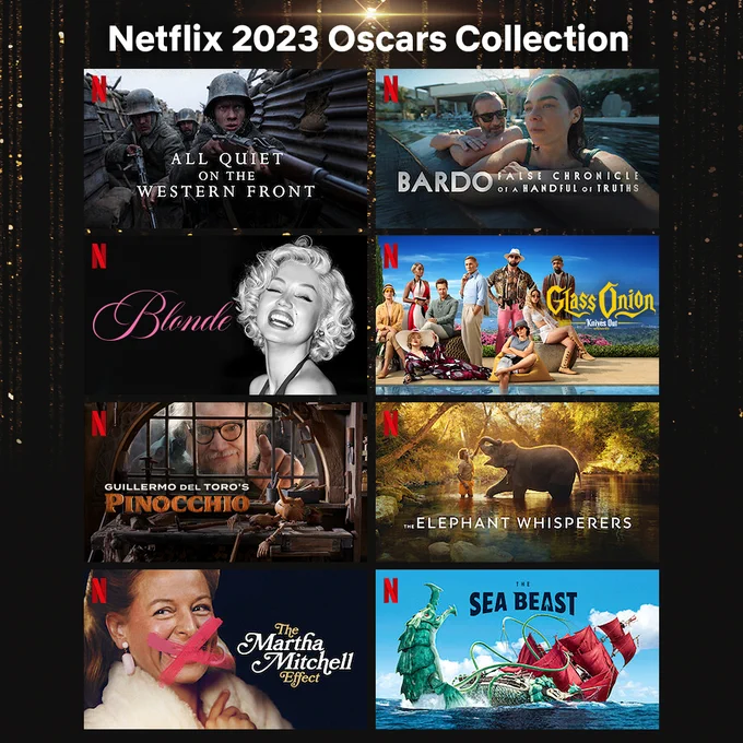Photos of Netflix's 2023 Academy Award® nominated films: 
All Quiet on the Western Front, BARDO: A False Chronicle of a Handful of Truths, Blonde, Glass Onion: A Knives Out Mystery, Guillermo del Toro’s Pinocchio,  The Elephant Whisperers, The Martha Mitchell Effect, and The Sea Beast 