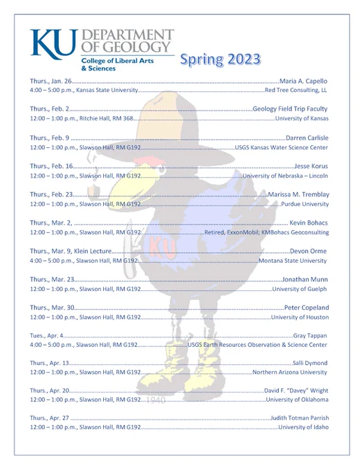 Spring 2023 Colloquium Schedule poster with image of GHawk in background
