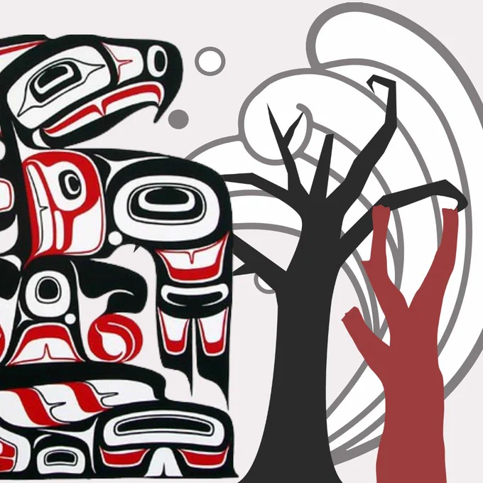 A collage of a traditional Native American illustration of The Thunderbird and the Whale, superimposed over illustrations of dead trees and a looming tidal wave.