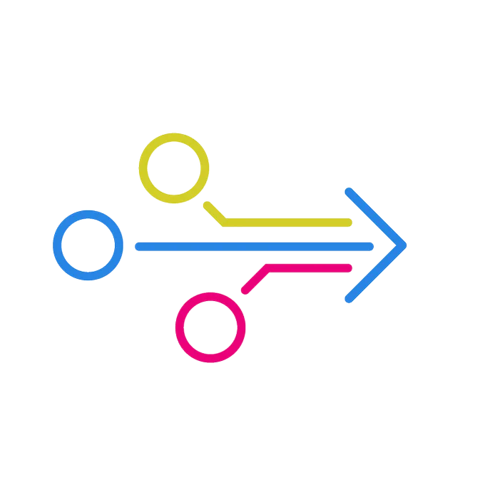Green, blue and magenta circles and lines come together to form an arrow signifying momentum.