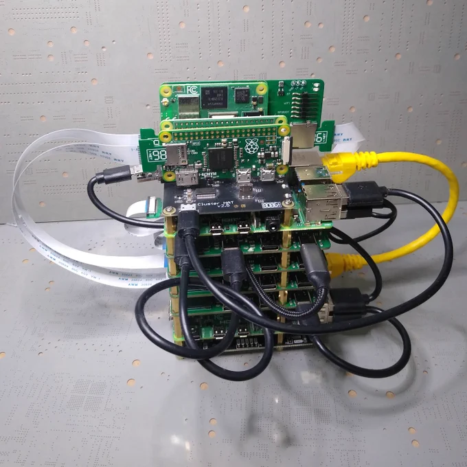 Stack of PCB, from bottom to top there is a USB Hub, Raspberry Pi 4, 4* Dev Helpers another Raspberry Pi 4 with a Cluster HAT v2.5 on top. In the Cluster HAT is a Compute Module 4 on a carrier board, Pi Zero 2 and Pi zero surrounded by a mess of cables connecting things together.