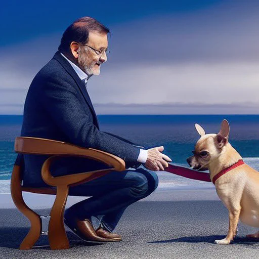 Imagen generada con inteligencia artificial de un chihuahua con Mariano Rajoy
