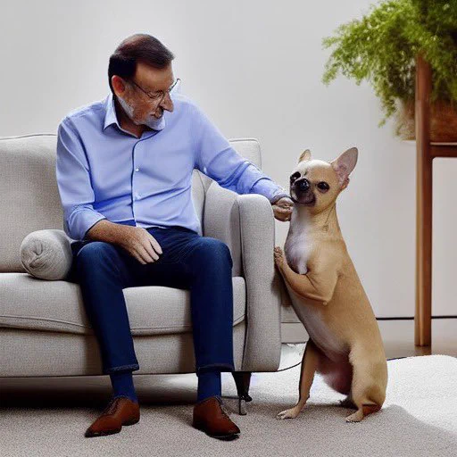 Imagen generada con inteligencia artificial de un chihuahua con Mariano Rajoy
