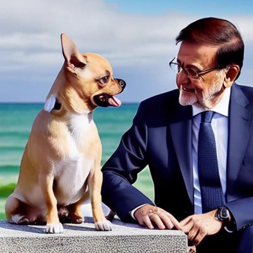 Imagen generada con inteligencia artificial de un chihuahua con Mariano Rajoy