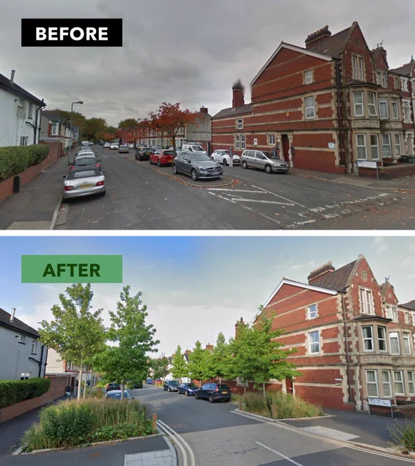 Before and after street in Cardiff showing improvement is sustainable urban drainage systems and new street trees.