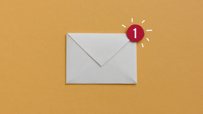 An envelope with a red circle in the corner indicating one new piece of mail in an inbox.