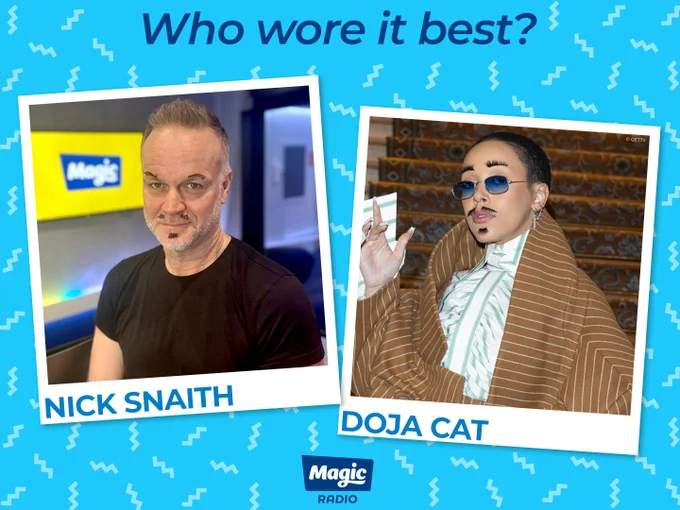Who wore it best?

Images of Nick Snaith and Doja Cat using fake eyelashes to create eyebrows, moustache and a goatee 
