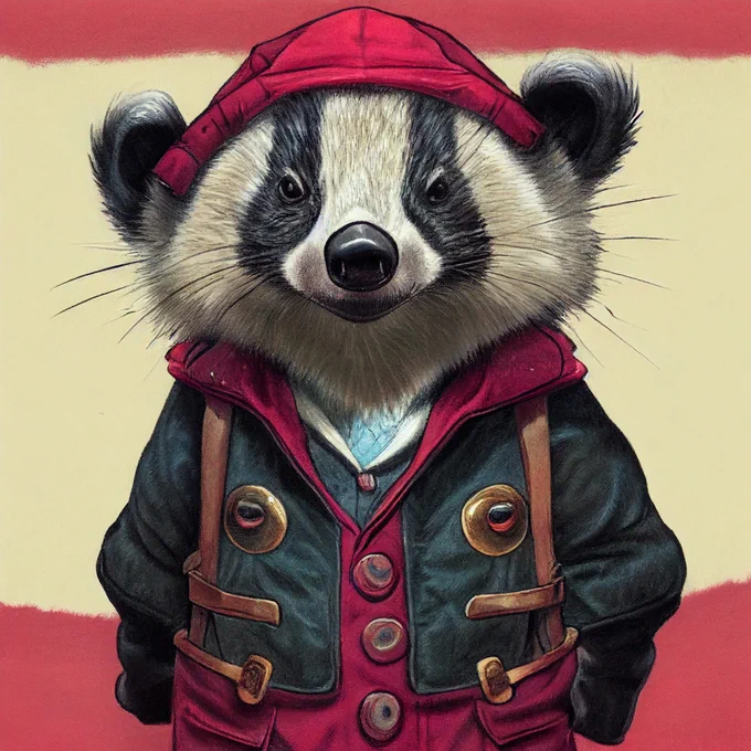 Illustration of a badger in a red and white military casual outfit