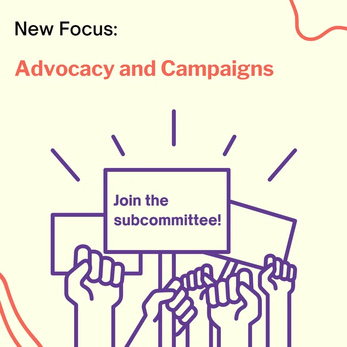 Join the Advocacy and Campaigns Subcommittee! Hands holding up banners in a protest