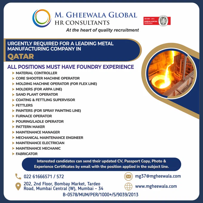 #materialcontroller #machineoperator #moldingmachine #plantoperator #coatingsupervisor #fetlingsupervisor #fetler #patternmaker #patternmaker #maintenancemanager #fabricator #qatarjobs #jobsinqatar #mgheewala #mgheewalajobs
