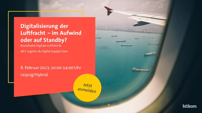 Cover-Foto mit Titel "Digitalisierung der Luftfracht - im Aufwind oder auf Standby?" und Aufruf zur Anmeldung
