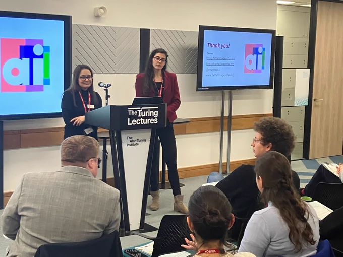 Tania Duarte and Dr Kanta Dihal listen to views from the audience in front of a podium which says The Turing Lectures