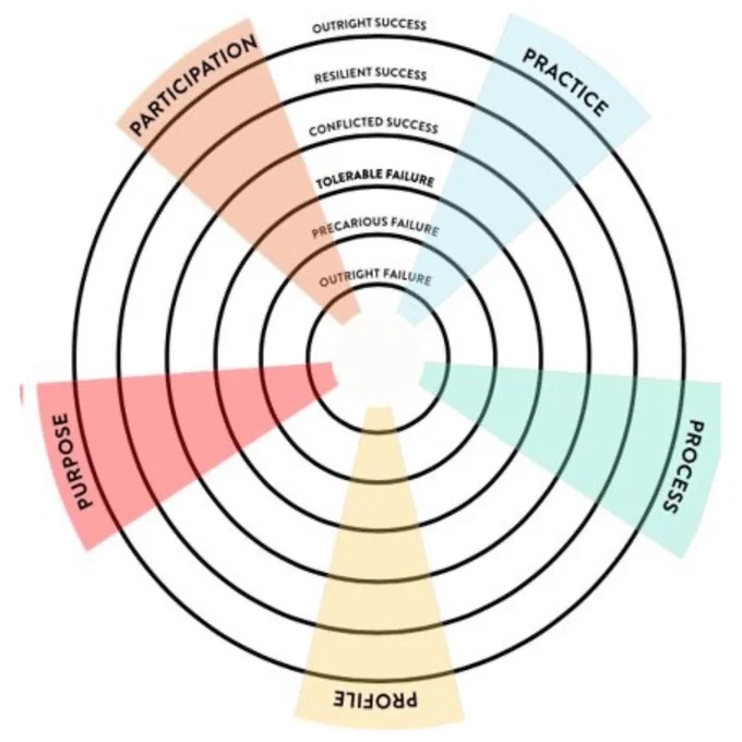A spectrum wheel with five points: Practice, Process, Profile, Purpose and Participation. At the top of the wheel are three types of success and three types of failure: Outright success / Resilient Success / Conflicted Success / Tolerable Failure / Precarious Failure / Outright Failure