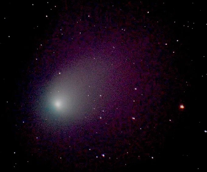 Greenish glow of the comet's head, and a broad stocky tail. Picture through a 2000mm focal length telescope with a Nikon DSLR.
