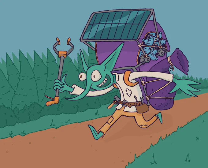 A digital illustration:
A trail that spans from far out lands,
Carries a goblin, claw in hand.
Smallish body & mended clothes,
A tool belt for potential woes.
Treasures found go in their pack,
That rests quite full upon their back.
Their quest, however, is not for cash,
But is instead to pick up trash!
